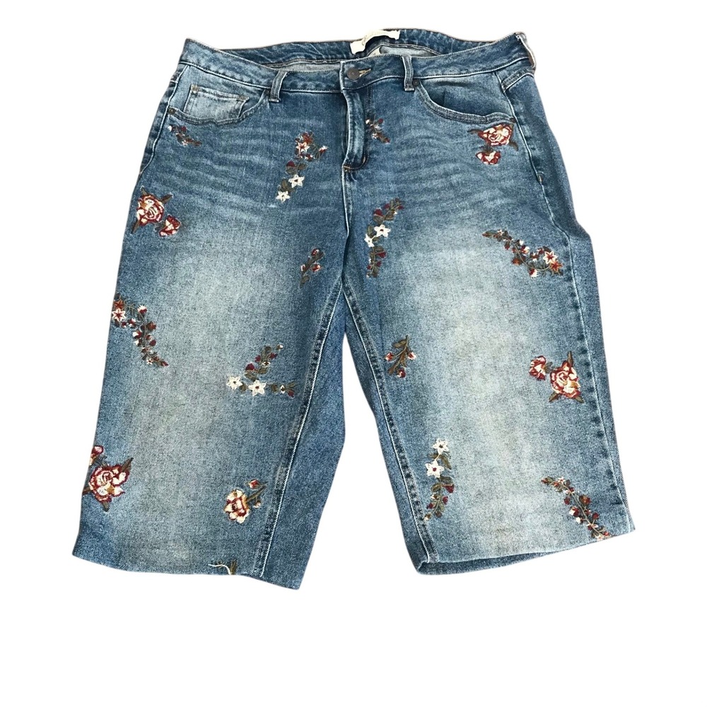 Cato Collection Floral Embroidered Denim Bermuda Shorts Blue Mid Rise 16W